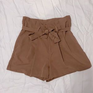 Brown, High-Waisted, Pleated Shorts